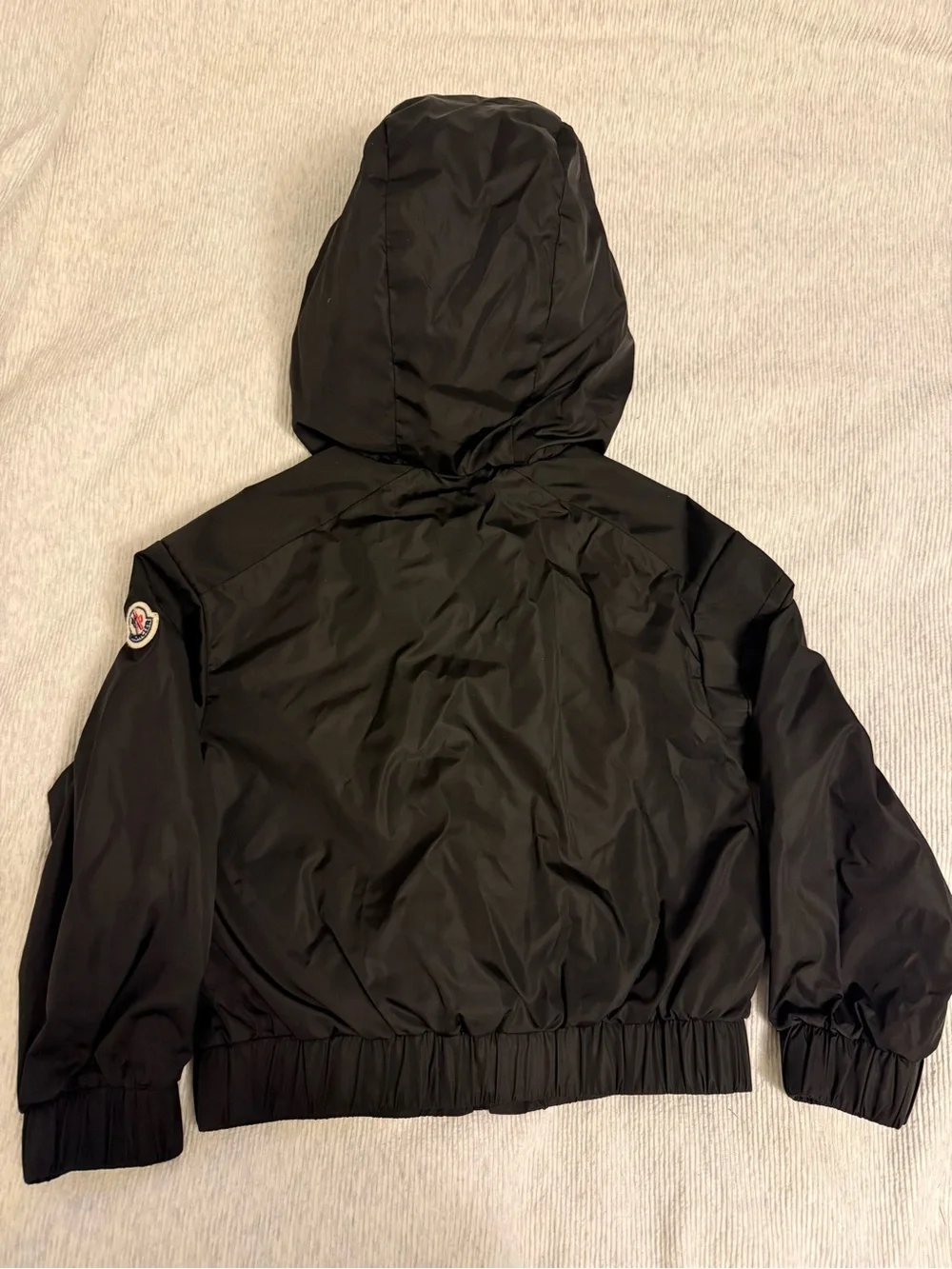 Moncler Black Hooded Jacket with Tan/Dusty Pink and White Stripe Panel Size 6